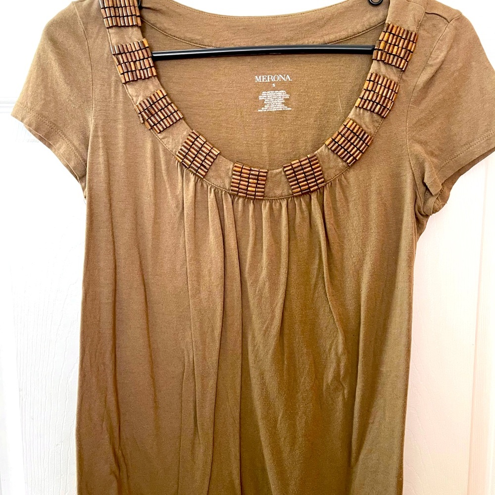 Merona Short Sleeve Olive Green w/Beaded Neckline